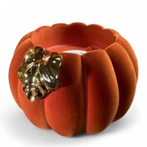 Bath & Body Works Fall Flocked Pumpkin Candle Holder Pedestal Burnt Orange Gold